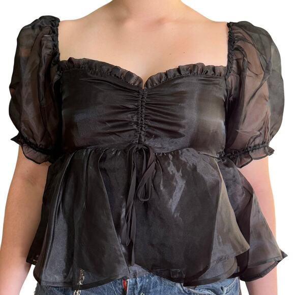 Mable Organza Black Off Shoulder Mesh Puff Sleeves Lined Witchy Goth Halloween L - Picture 2 of 12